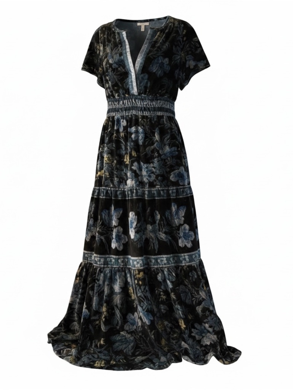 Anthropologie Women's Floral Velvet Maxi Dress - Blue Black